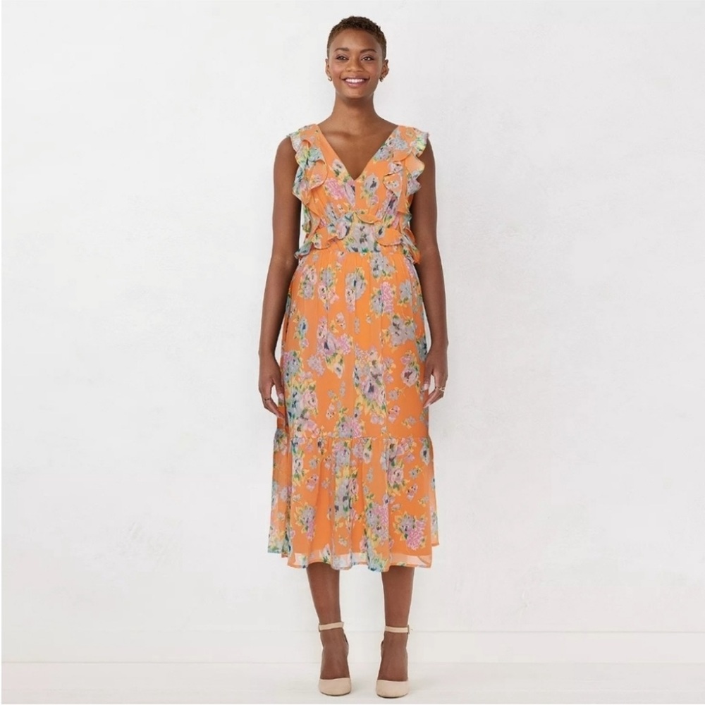 LC Lauren Conrad Orange Floral Midi Dress